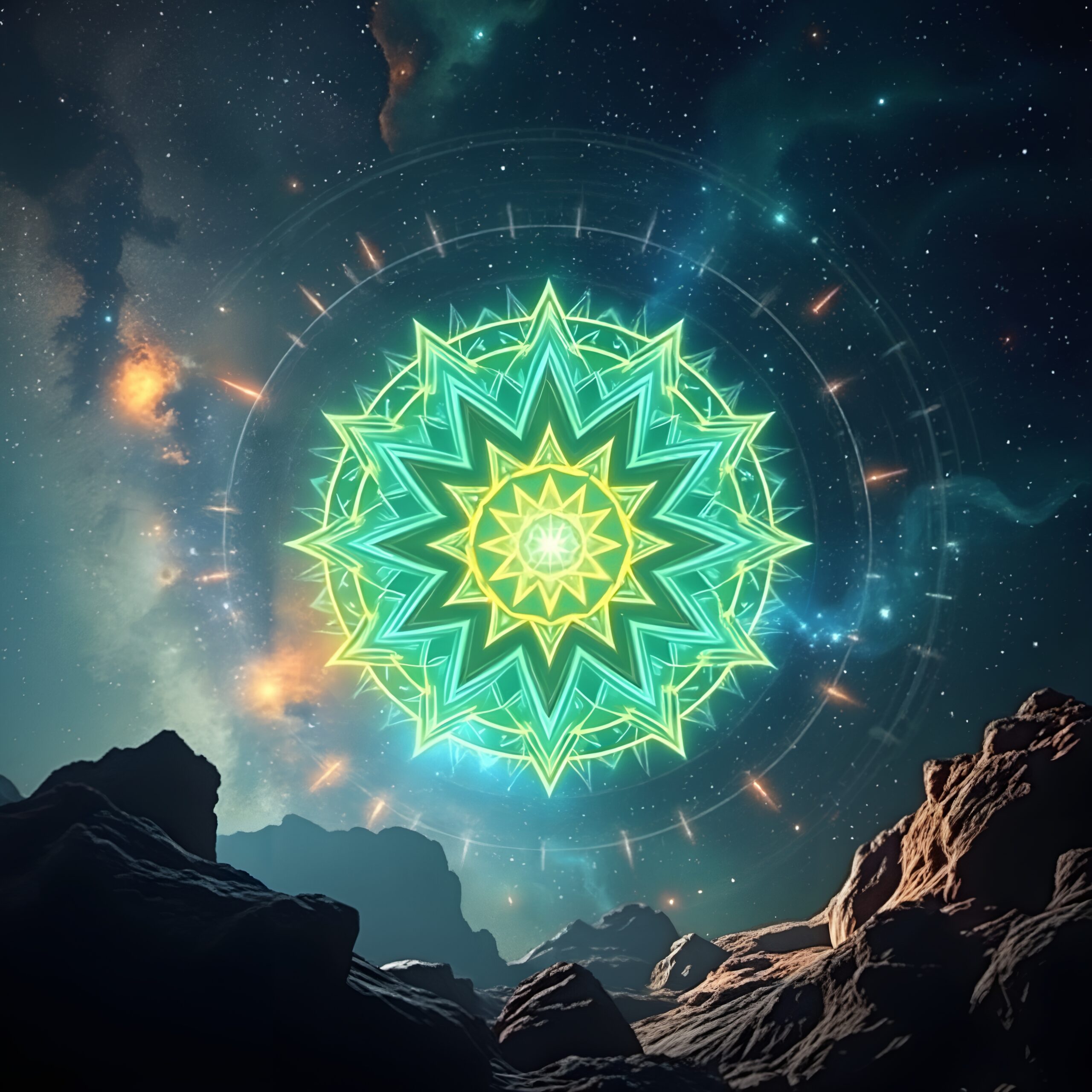 Celestial Mandala Above Alien Landscape
