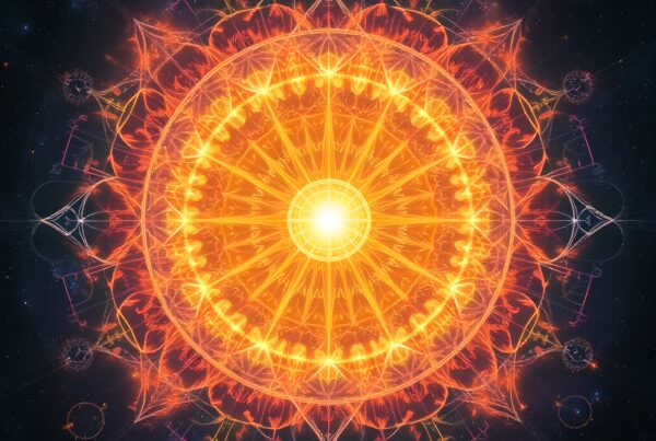 An intricate, glowing mandala against a starry cosmic backdrop, illustrating harmony between nature and the universe.