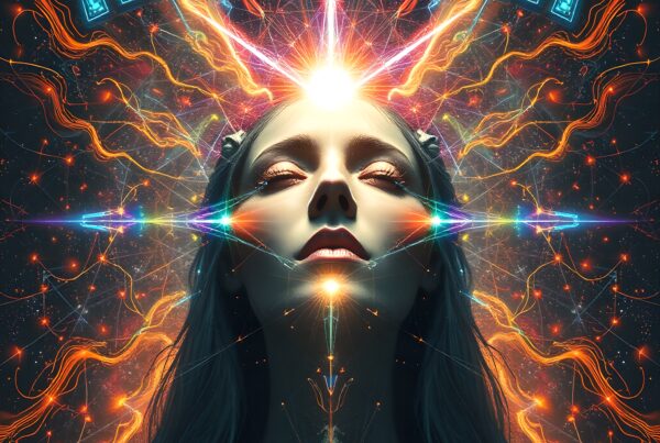 A surreal depiction of a woman with closed eyes and luminous forehead amidst swirling cosmic energies and digital symbols.