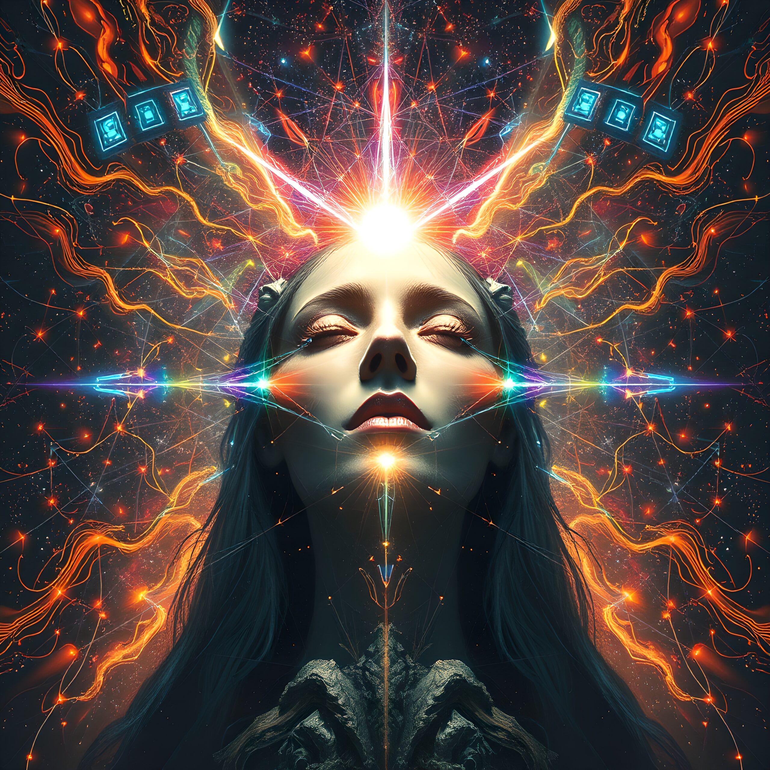 Enlightened Woman Amidst Cosmic Energy