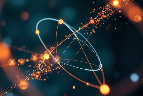 Abstract digital visualization of atomic structure with glowing particles and electron orbits on a dark background.