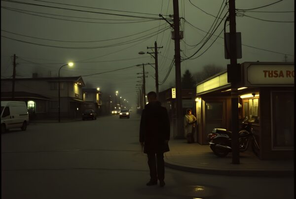 A solitary figure under streetlights on a foggy night.