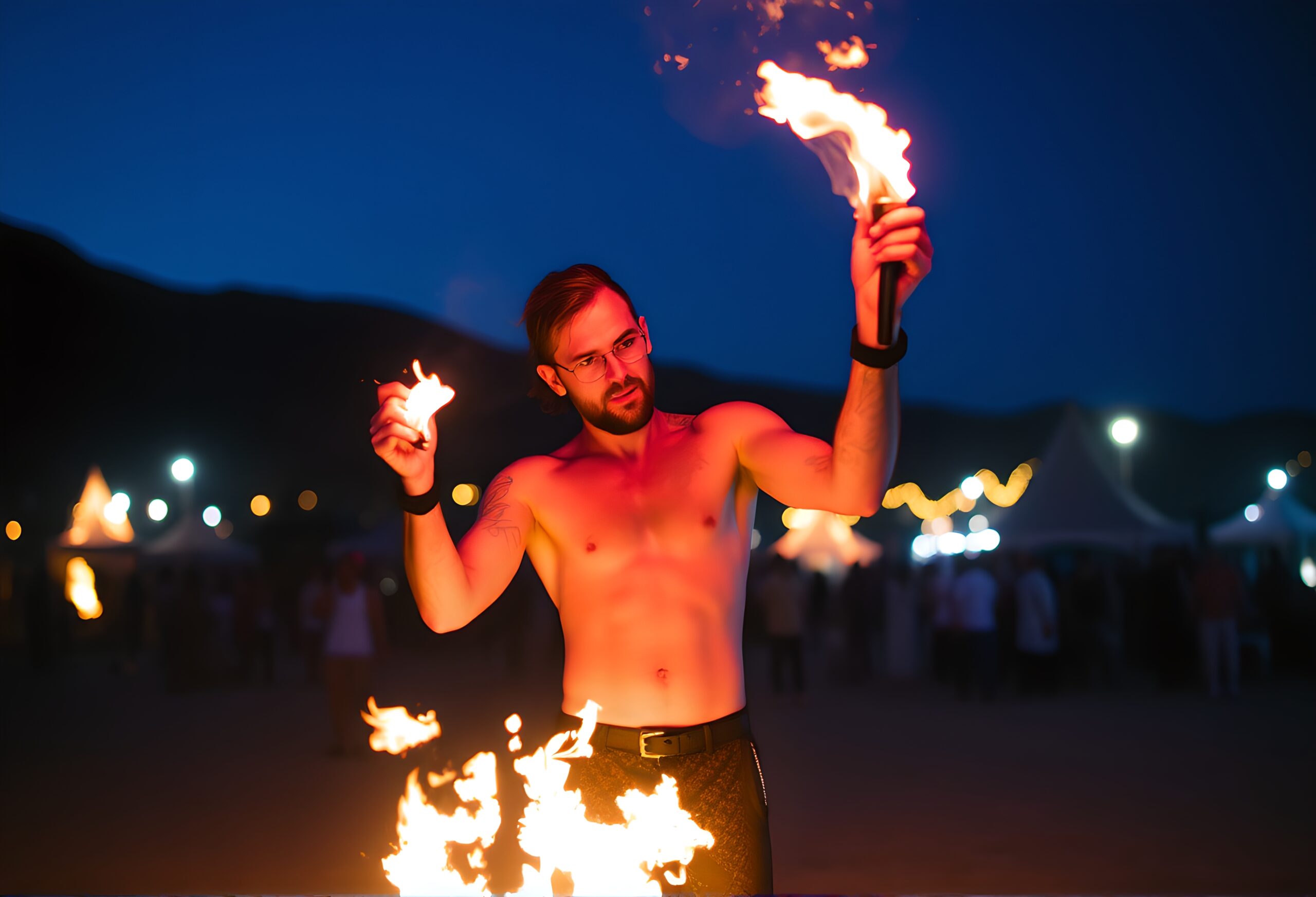 Fire Performer Under Night Sky
