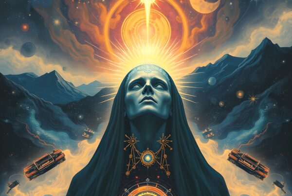 Artistic depiction of a serene blue-faced figure in a cosmic landscape with stars, planets, and mystical symbols.