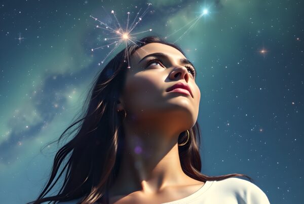 A woman gazes upwards against a starry night sky, suggesting cosmic connectivity and introspection.