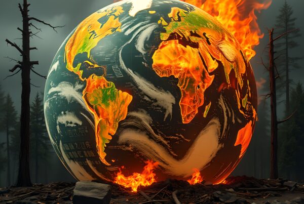 Apocalyptic Earth engulfed in wildfire symbolizing climate crisis and environmental destruction