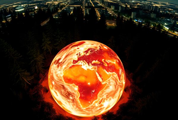 A fiery Earth in a forest, glowing against a city backdrop, symbolizes global warming.
