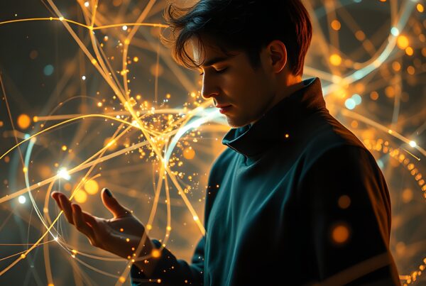 A young man surrounded by glowing, swirling light trails in orange and blue hues, creating an ethereal and futuristic scene.