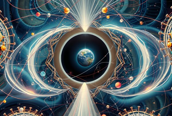 Abstract artistic depiction of the universe with Earth, cosmic elements, and futuristic technology.
