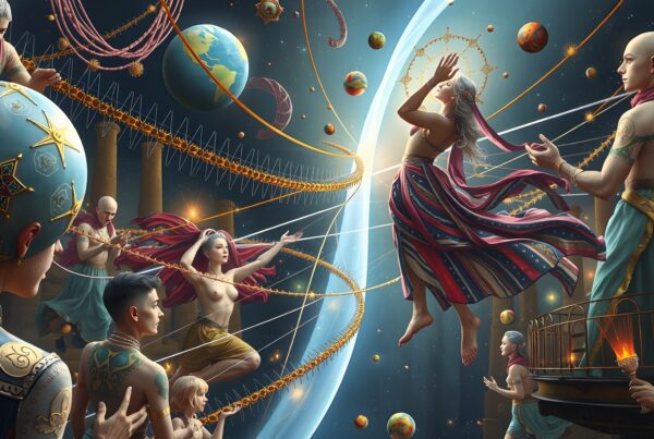 A mystical scene of celestial figures adorned in ornate garments, gathered in a cosmic setting with swirling planets and ethereal energy lines.