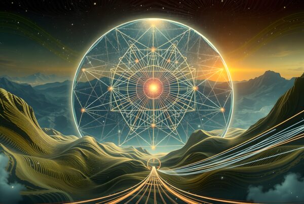 Sacred geometry portal over mystic mountainscape under starry skies