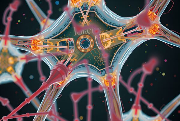 Futuristic depiction of interconnected neurons with glowing synapses and digital elements.