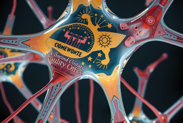 Abstract network of shapes with vibrant colors and symbols.