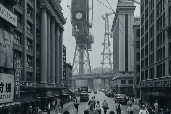 Lively urban street scene with walking pedestrians and towering structures.