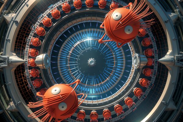 Whimsical futuristic mechanical scene with expressive orange figures.