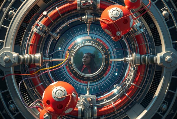 Futuristic mechanical structure with reflective display showing a woman's face.