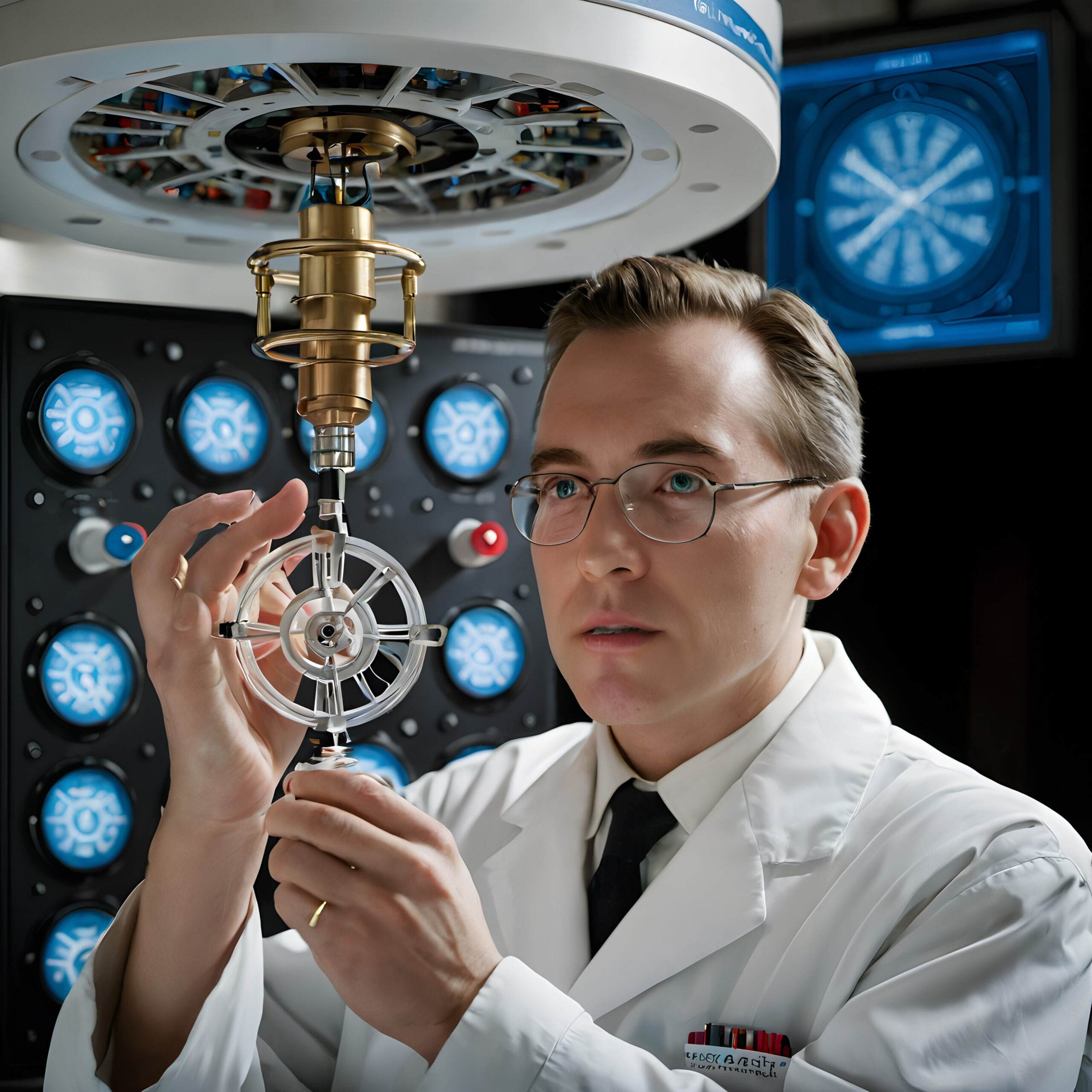 Scientist operating advanced particle accelerator