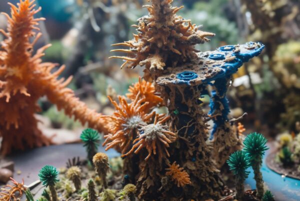 A colorful miniature landscape with coral-like structures.