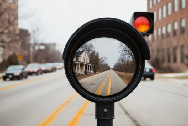 A circular viewfinder reflects a rural scene with a house and an extending road, surrounded by an urban environment, creating an intriguing juxtaposition.