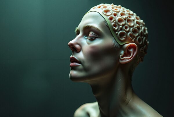 A futuristic portrait with dramatic lighting featuring an individual in a textured cap.