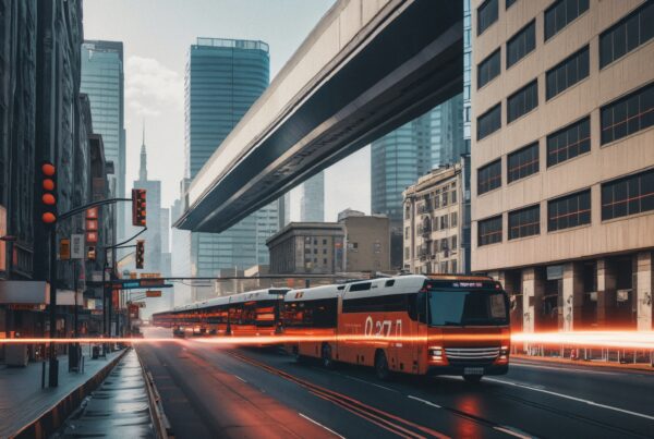 Futuristic orange bus speeding through vibrant neon-lit downtown streets
