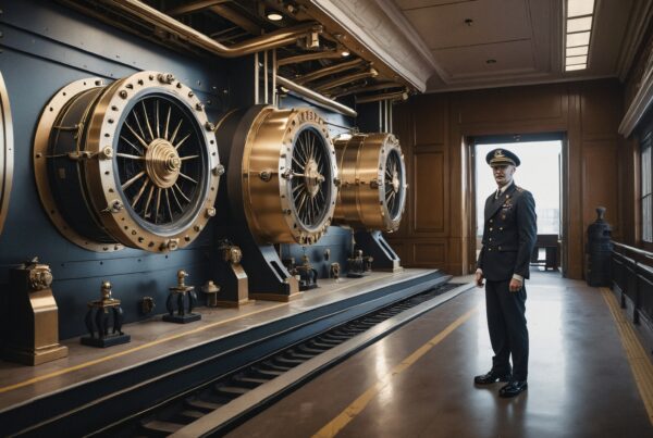 A man in uniform stands near large industrial machinery in a room with elegant wooden paneling.