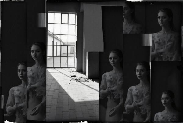 Artistic black-and-white collage depicting a woman.