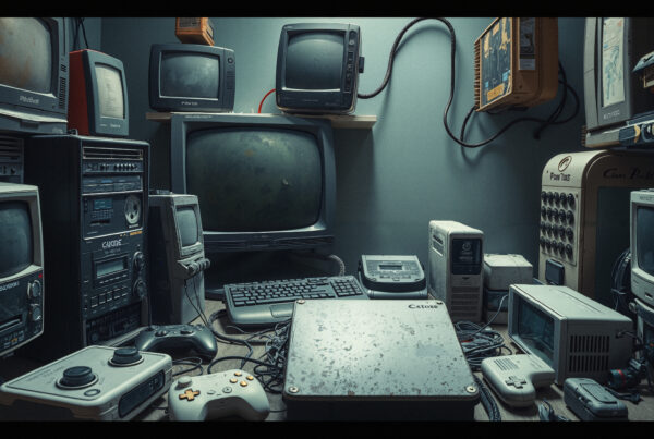 Vintage electronics collection showcasing retro TVs, obsolete computer hardware, old gaming controllers, cassette decks, and antique tech memorabilia in a cluttered nostalgic room