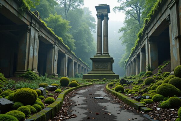 A moss-covered ancient colonnade with a central monument enveloped in greenery, creating a mystical and tranquil atmosphere.