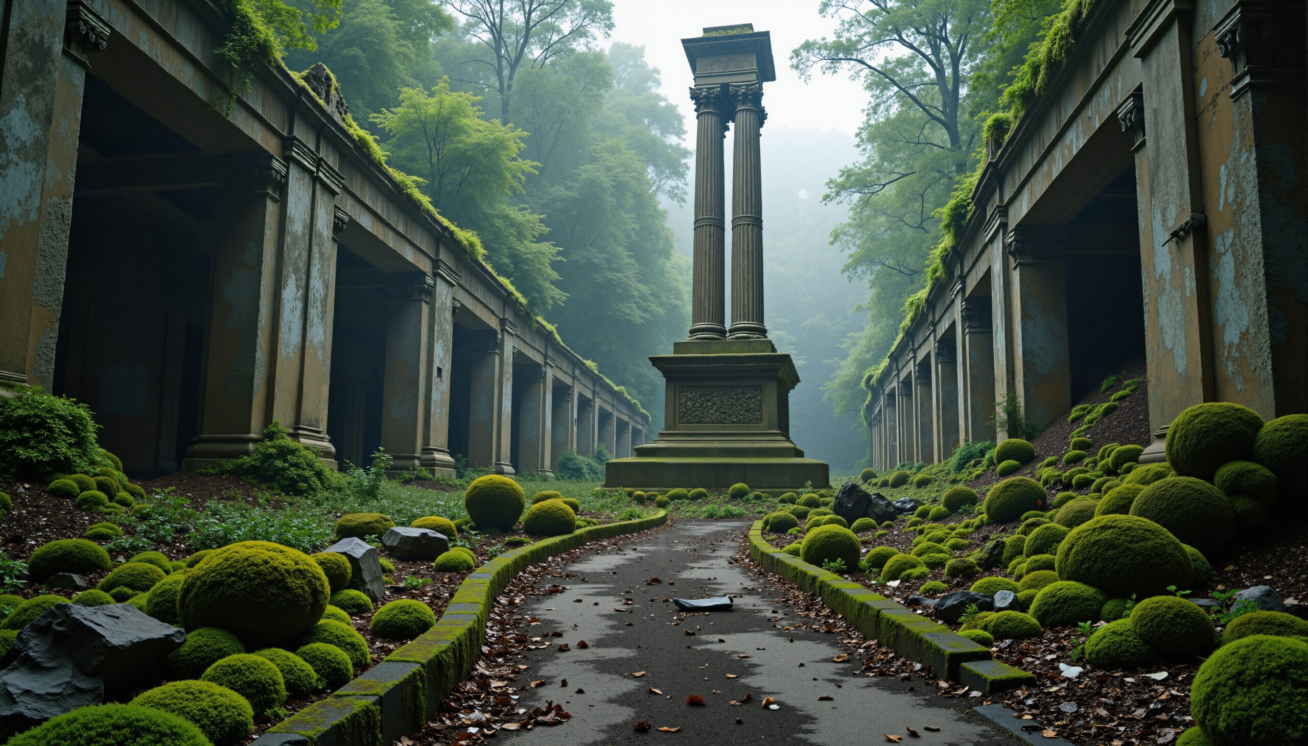 Ancient Path Through Mossy Ruins