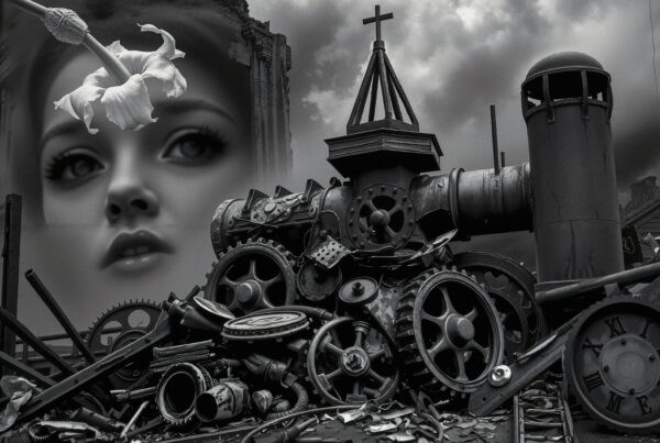 Surreal image of mechanical gears amidst dark clouds with a woman's face and floating flower.