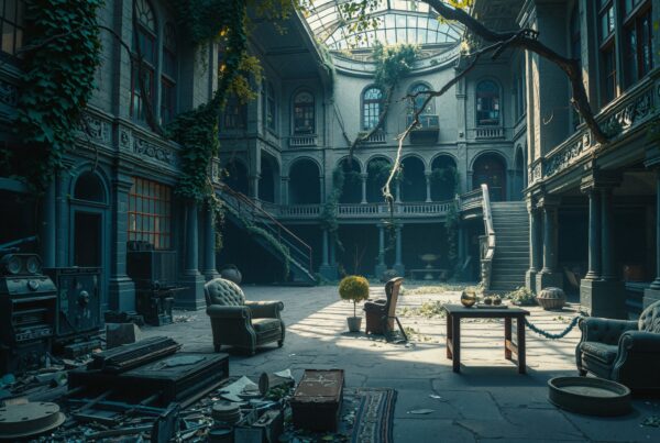 An abandoned grand atrium filled with vintage furniture and overgrown vines.