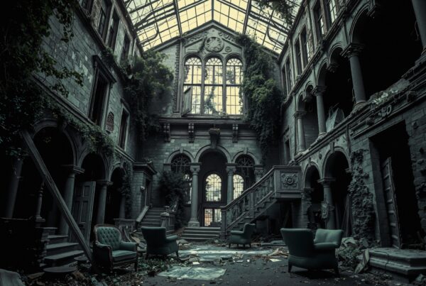 Abandoned mansion interior with ornate architecture, overgrown vegetation, and vintage furniture creating a mysterious and nostalgic atmosphere.