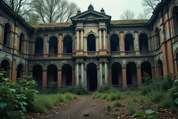 Image of an abandoned historic courtyard overtaken by nature, with arches and a grand facade.