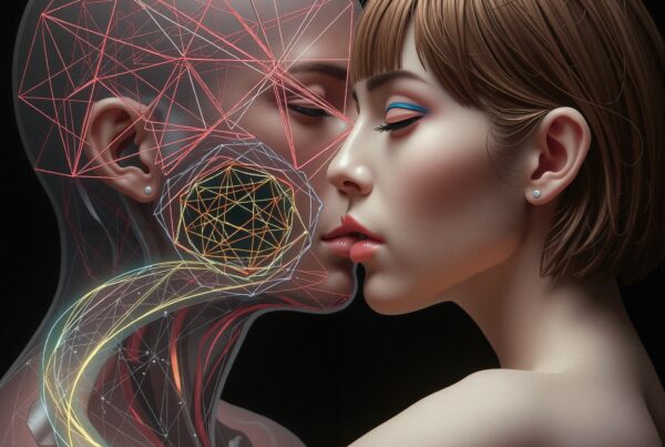 A woman intimately interacting with a semi-transparent futuristic robotic figure featuring geometric shapes and vibrant colors.