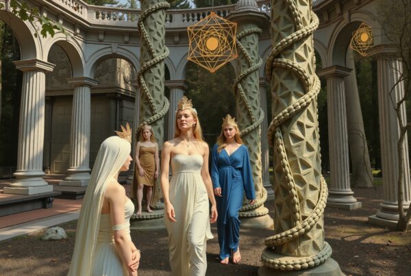 Four women in elegant dresses and crowns walk among intricately carved columns in a mystical, ancient setting.