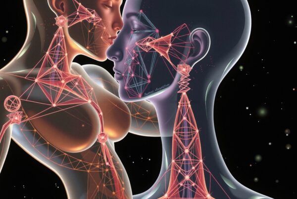 Two abstract human figures with neon geometric patterns against a starry background.