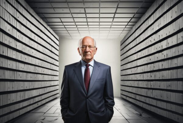 An older man in a formal suit stands confidently in a modern hallway with parallel lined walls, highlighting a sophisticated architectural design.