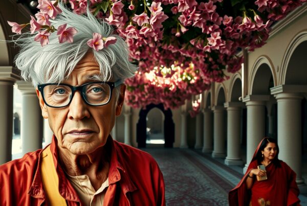 Elderly man under floral ceiling in decorative corridor.