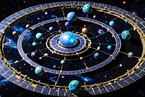 A complex and vibrant orrery model displaying planets and celestial paths in deep space.