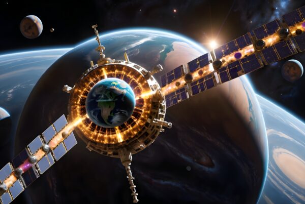 Futuristic satellite orbiting distant planet with celestial bodies.