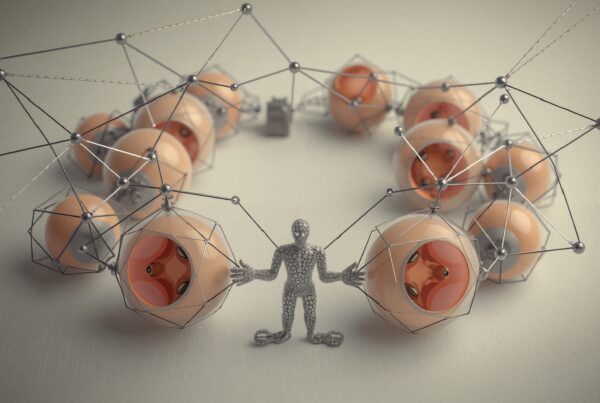 Abstract depiction of humanoid figure connected to geometric polyhedra.