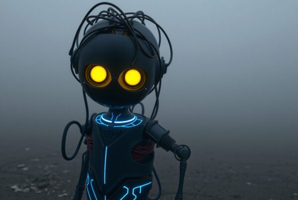 A small robot with glowing eyes stands in a misty landscape, surrounded by wires and illuminated with blue neon lines.