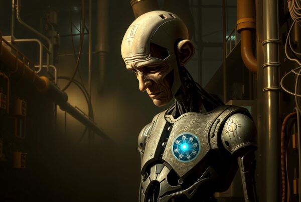 Humanoid robot standing in dimly lit industrial environment surrounded by pipes and cables.