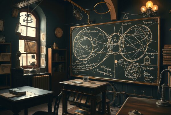 A vintage classroom with wooden desks, a chalkboard filled with complex diagrams, shelves lined with books, and maps creating a scholarly atmosphere.