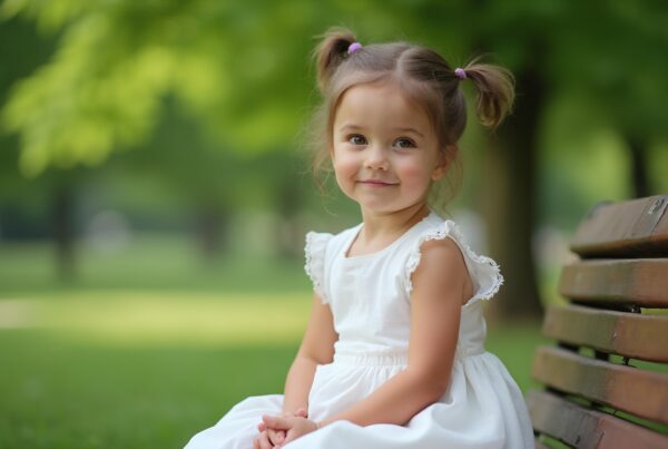 Young girl in white dress sitting on park bench in a sunny green park.