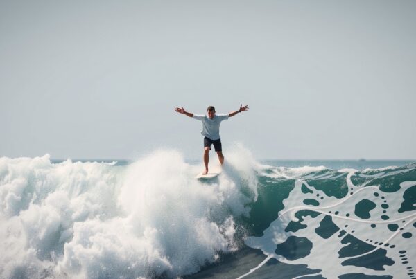 A surfer dynamically rides a large cresting wave in the ocean under a clear blue sky.