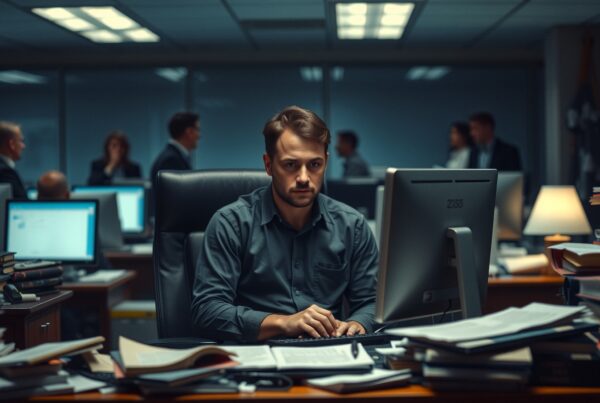 Man working at a desk in a dimly lit office with colleagues in the background.