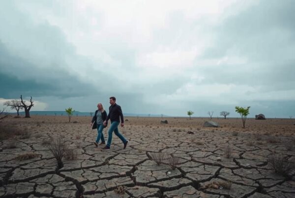 Couple walks on cracked arid ground beneath cloudy skies during adventurous trek through remote African savanna landscape
