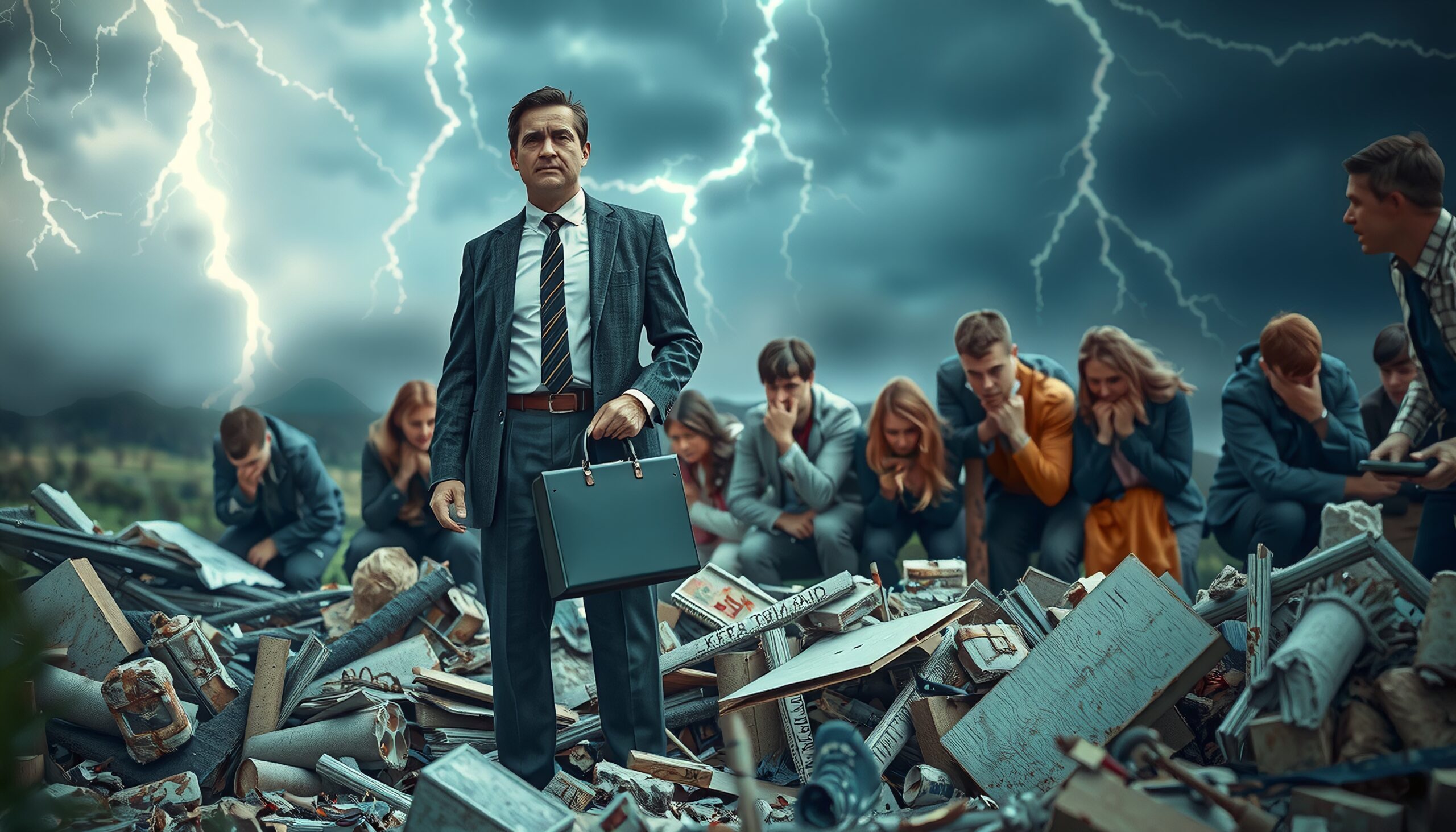 Businessman Stands Amidst Ruins